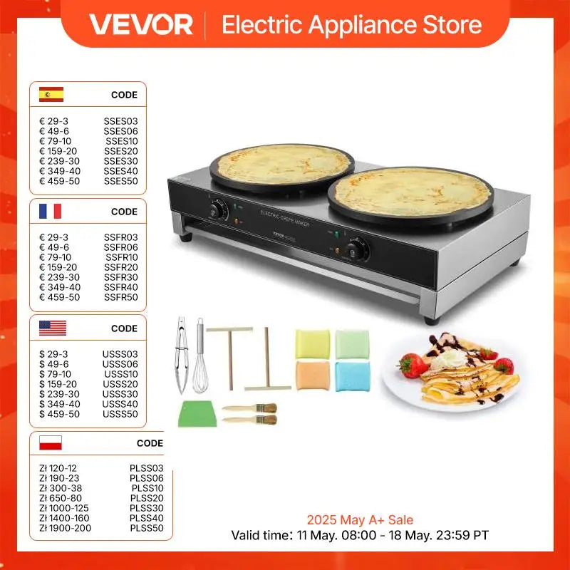 16inch Electric Crepe Maker Double Head Commercial Crepe Machine 3400W Flat Plate Crepe Griddle Nonstick Pancake Stove