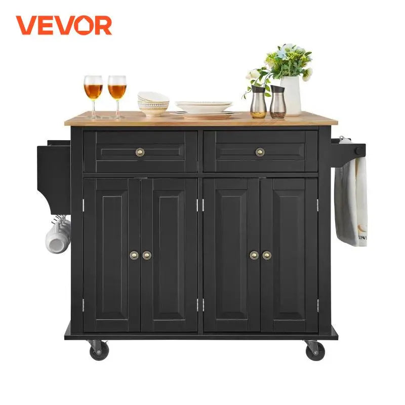 43" Kitchen Island Cart Wood Top Mobile Carts with Storage Cabinet Rolling Table with Drop Leaf Spice Rack Towel Bar Black