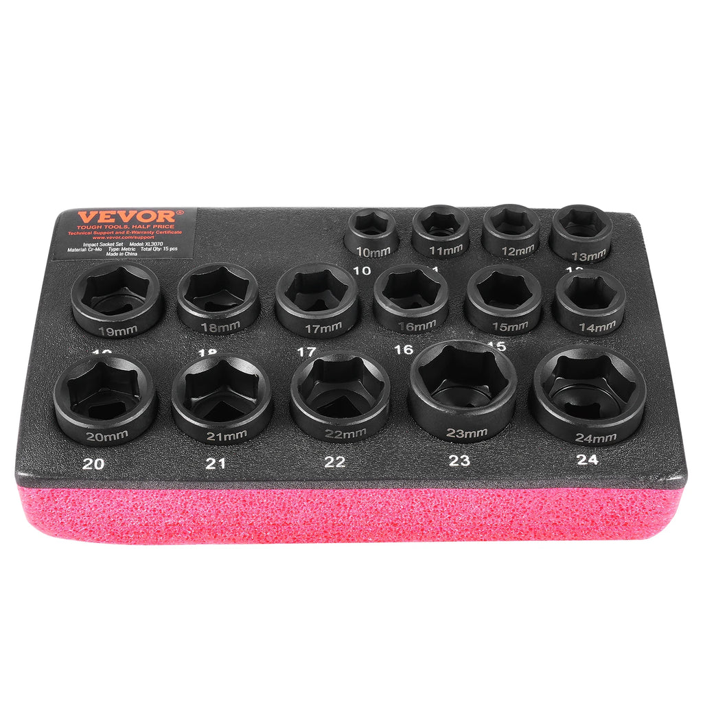 Drive Impact Socket Set 3/8"  - 15 Piece Ultra-Short Socket Set Metric 10-24mm - 6 Point Cr-Mo Alloy Steel for Auto Repair