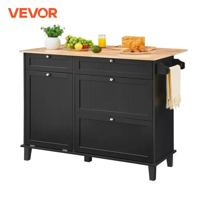 Kitchen Island Cart Breakfast Bar with Trash Cabinet Tilt Out Storage Farmhouse Dining Living Room Table with Drop Leaf