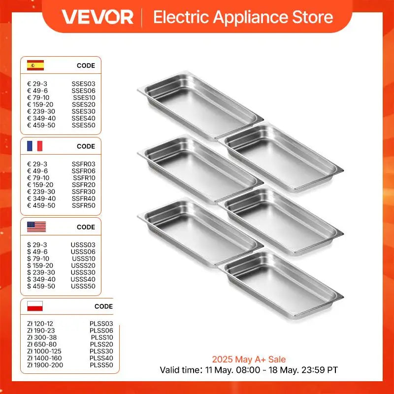 6 Pack Buffet Chafing Dishes 2.5"-6"Deep Steam Table Pan Full Size 0.8mm Thick Stainless Steel Catering Storage Food Pan