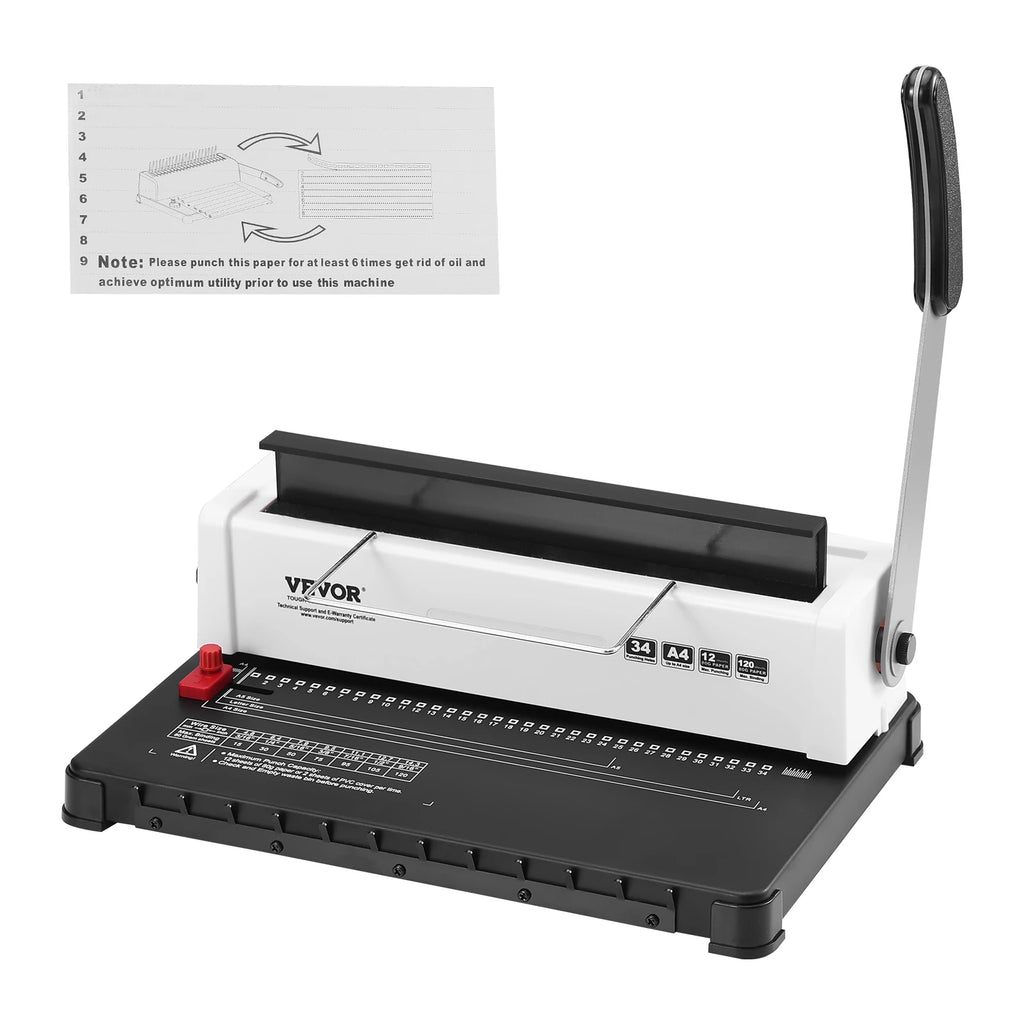 Coil Spiral Binding Machine Manual Book Maker 34-Holes Binding 120 Sheets Punch Binder Adjustable 3/16" - 9/16" for A4 A5
